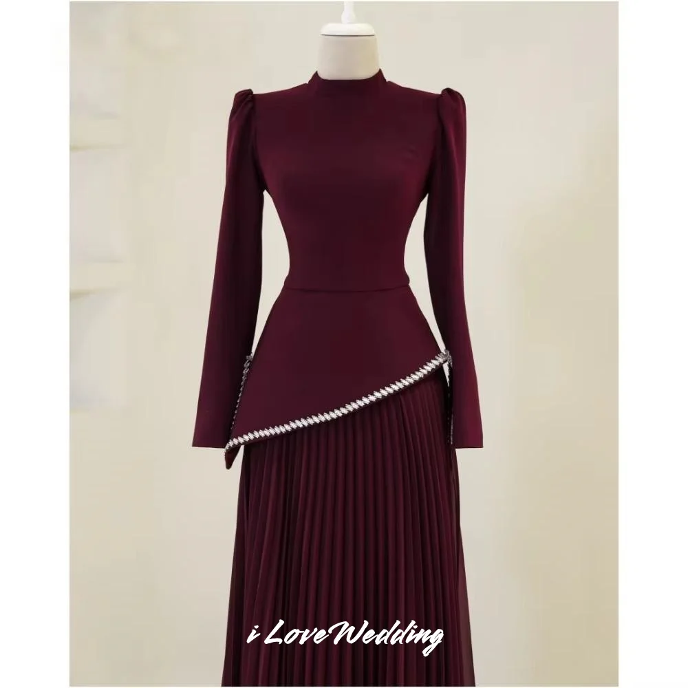 Purple O-Neck Evening Dress 2025 Satin Long Sleeve Beaded A-Line Pleated Floor-Length Prom Dress Wedding Party Dress Customized image 3