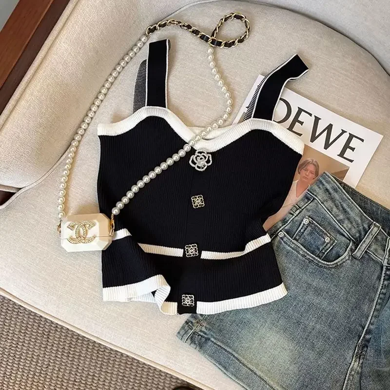 

Женская модная майка, летняя тенденция, сексуальные вязаные майки с бриллиантами и пуговицами, женская одежда, темпераментная лоскутная тонкая футболка