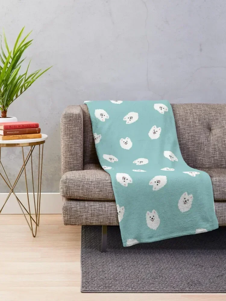 Happy Japanese Spitz Dog Shinji - Aqua Throw Blanket For Decorative Sofa Sofa Throw Blankets