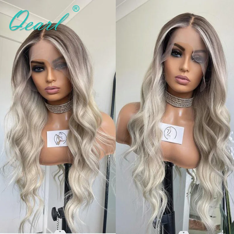 

Natural Real Human Hair Full Lace Wigs Light Ash Blonde Highlights Colored 13x6 Lace Frontal Wig Loose Wavy Virgin 180% Qearl