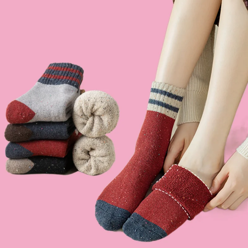 Chaussettes mi-tube en laine de lapin épaissie pour femmes, chaussettes en velours éponge à pois rayés, hiver, haute qualité, 5/10 paires