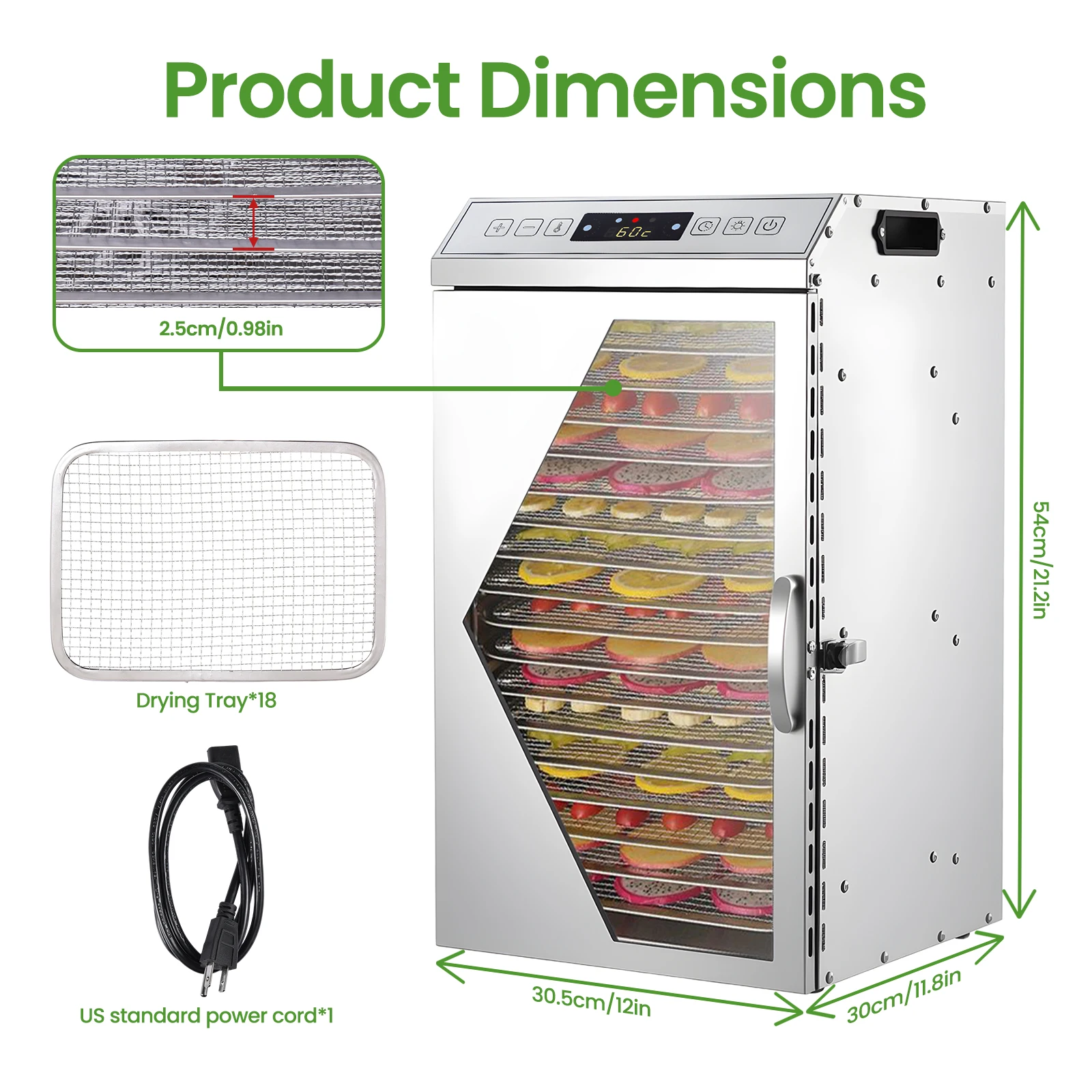 ماكينة تجفيف الطعام 800 وات حتى 194 ℉ 18 صينية مجفف طعام تجاري 24 ساعة مجفف فواكه كهربائي للوجبات الخضار واللحوم #2