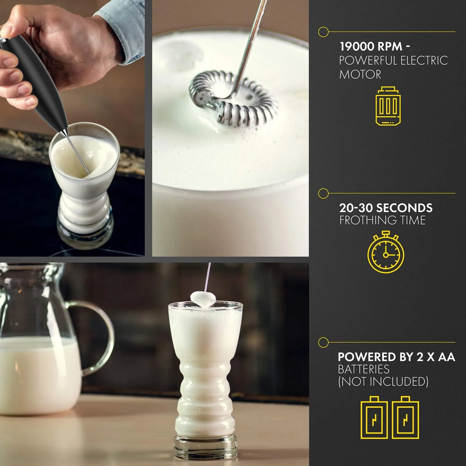 رغوة الحليب الكهربائية المحمولة مع خفاقة من الفولاذ المقاوم للصدأ قابلة للفصل مناسبة لخلط قهوة الحليب والمشروبات المختلفة