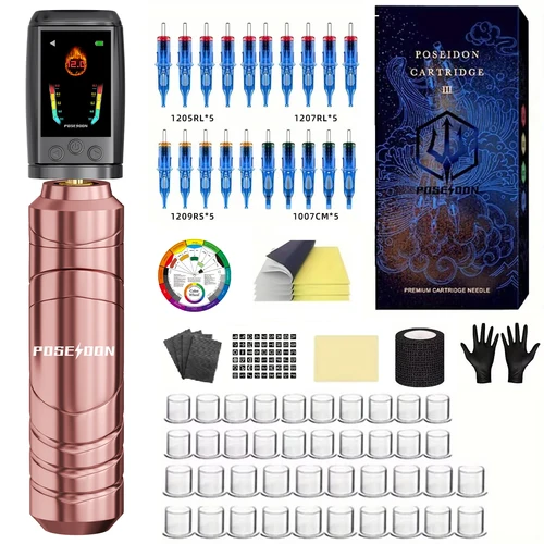 Imagen 2 del producto Kit de tatuaje POSEIDON, Kit de pluma de tatuaje con pantalla a Color para maquillaje permanente, Kit de máquina de tatuaje, fuente de alimentación de tatuaje rosa, Kit de tatuaje