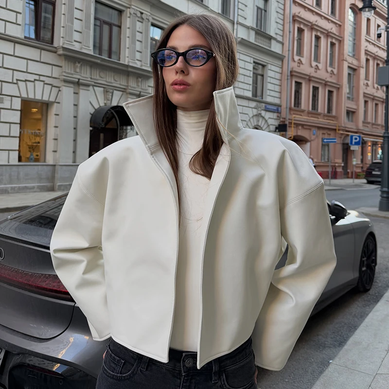 Rollkragen-Kurzjacke aus Kunstleder für Damen, Oversize-Streetwear mit Langen Ärmeln, Einfarbig, Locker Sitzende Mäntel, Schicke Damen-Oberbekleidung, Neue Kollektion – Detail 15