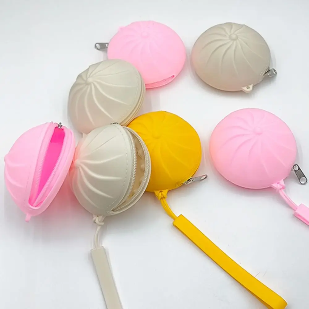 With Keychain Steamed Bun Coin Purse Zipper Closure Cute Design Simulation Food Bag Silicone Compact Size Squishy Keychain Pouch