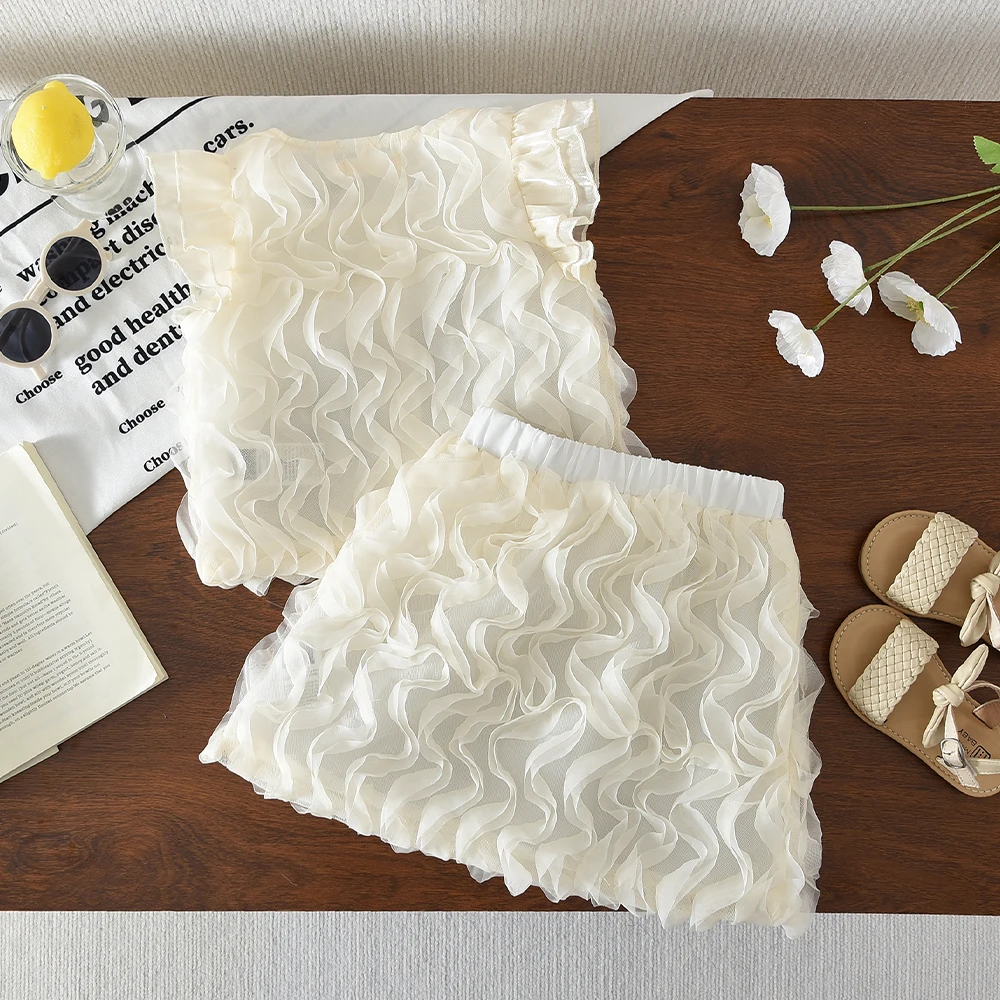 Korean Version Summer New 4 5 6 7-year-old Girl Square Collar Fly Sleeve Lace Single Breasted Vest+short Skirt Two-piece Set
