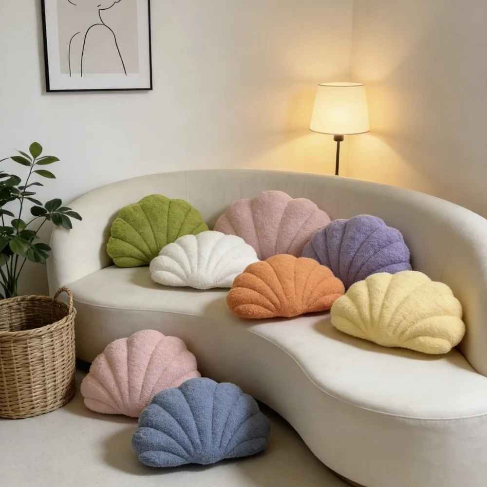 Modern Seashell Throw Pillow Plush Soft Sofa Cushion Solid Color Fluffy Office Decor Pillow