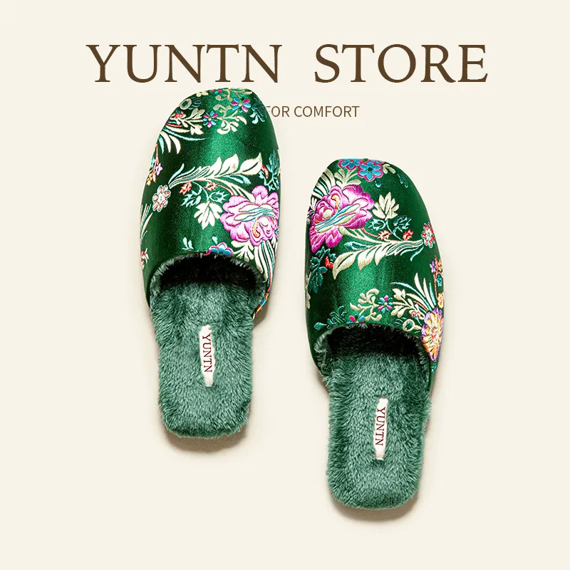 New Chinese High-end Embroidered Satin Cotton Slippers Women's Indoor Non-slip Thick Bottom Velvet Warm Beef Tendon Bottom