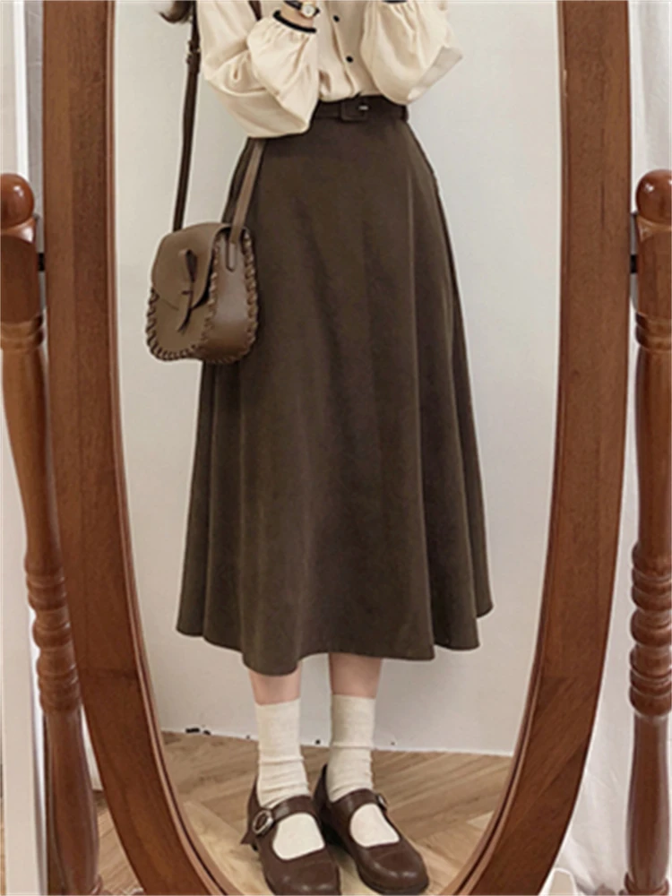 new A Line solid Women Skirts Pleated MI-long New Knee Length Skirt Female Vintage Suede Skirts Jupe Femme Faldas Mujer