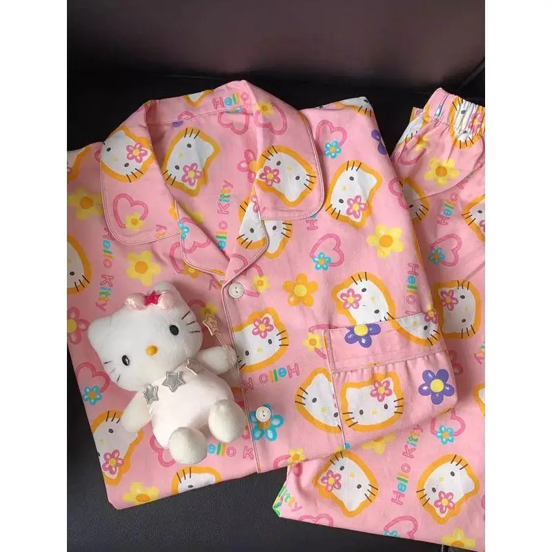 

Sanrios Cute Pajamas Hello Kittys Kawaii Long Sleeves Trousers Sweet Loose Casual Breathable Home Clothing Gift for Girlfriend