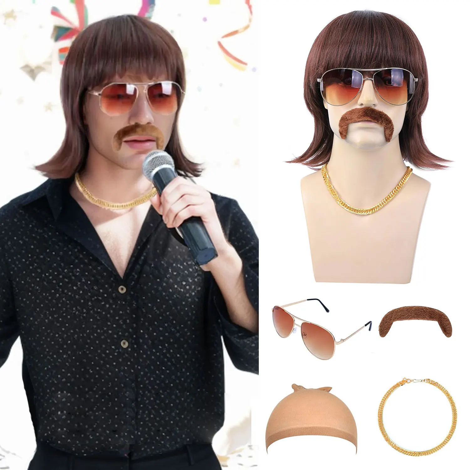80s Disco Wig 5pcs Synthetic Short Brown Mens Mullet Wig for 60s Singer Rocker Hippies Costume Cosplay Halloween Party