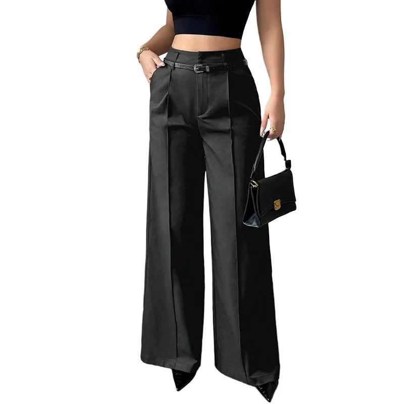 

Summer Women Pants Baggy High Waist Woven Trousers Wine Red Pleated Front Wide Leg Pants Light Blue Straight Cut Solid Color