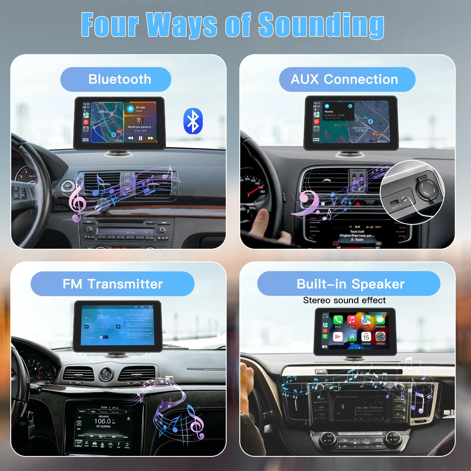 Universal Touch Screen TV Video Player, Wireless Apple CarPlay, Android, Bluetooth, USB, Link Espelho, Câmera 12-Light, 7