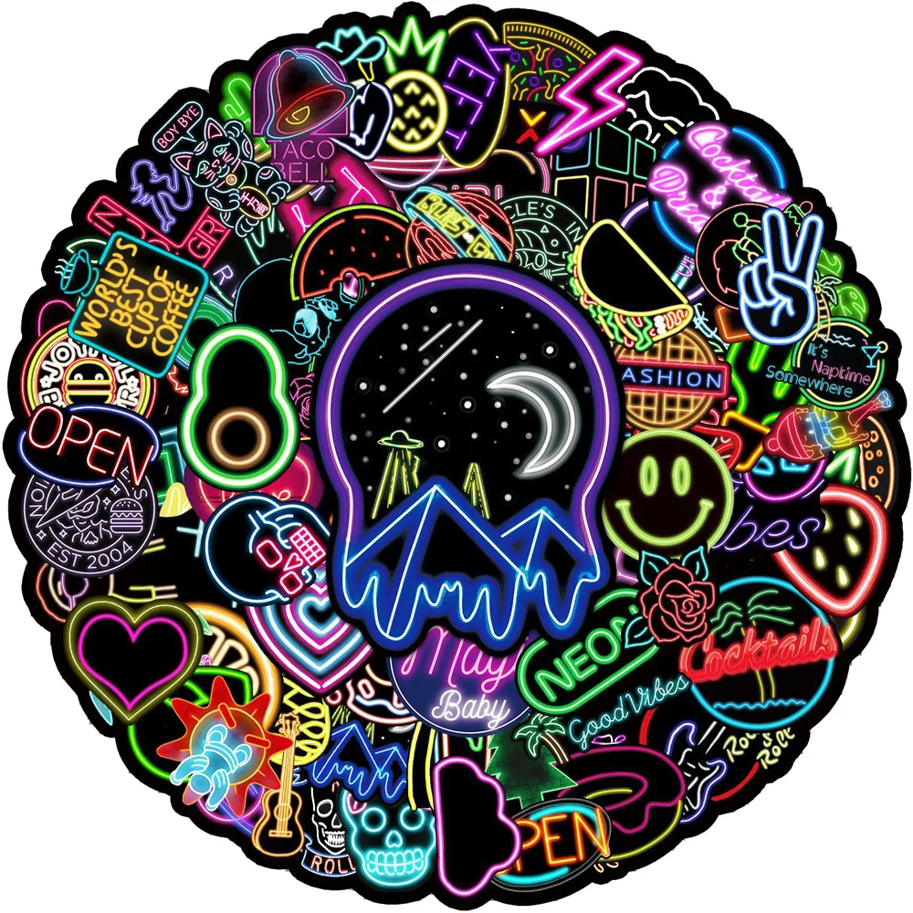 

10/30/50/100 шт. крутая неоновая световая мультяшная наклейка эстетическая ПВХ граффити автомобильный мотоцикл Чемодан ноутбук игрушка Наклейка наклейка для малыша