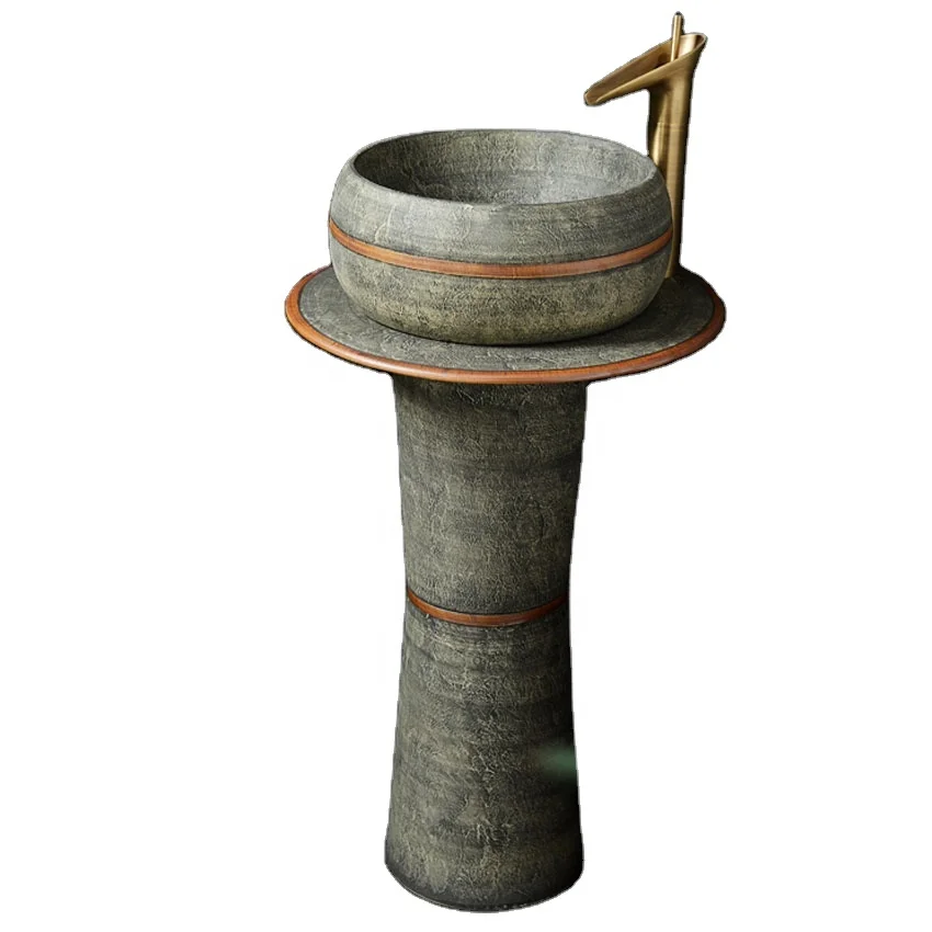 Potted Plants On StandsJingdezhen Floor Mounted Grey Ceramic Round Bathroom Washbasin Free Standing Basin With Yellow Lines