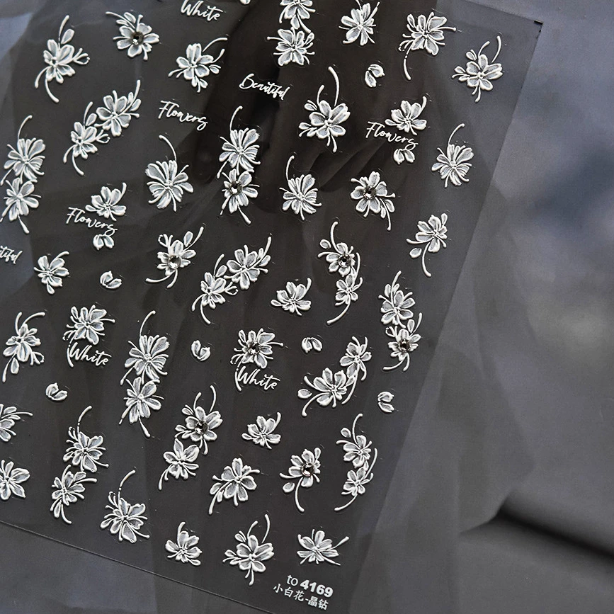 1 pièce 5D blanc floraison fleur autocollant pour ongles fleur arc strass perle doux relief nail art décoration autocollant nail art décalcomanie