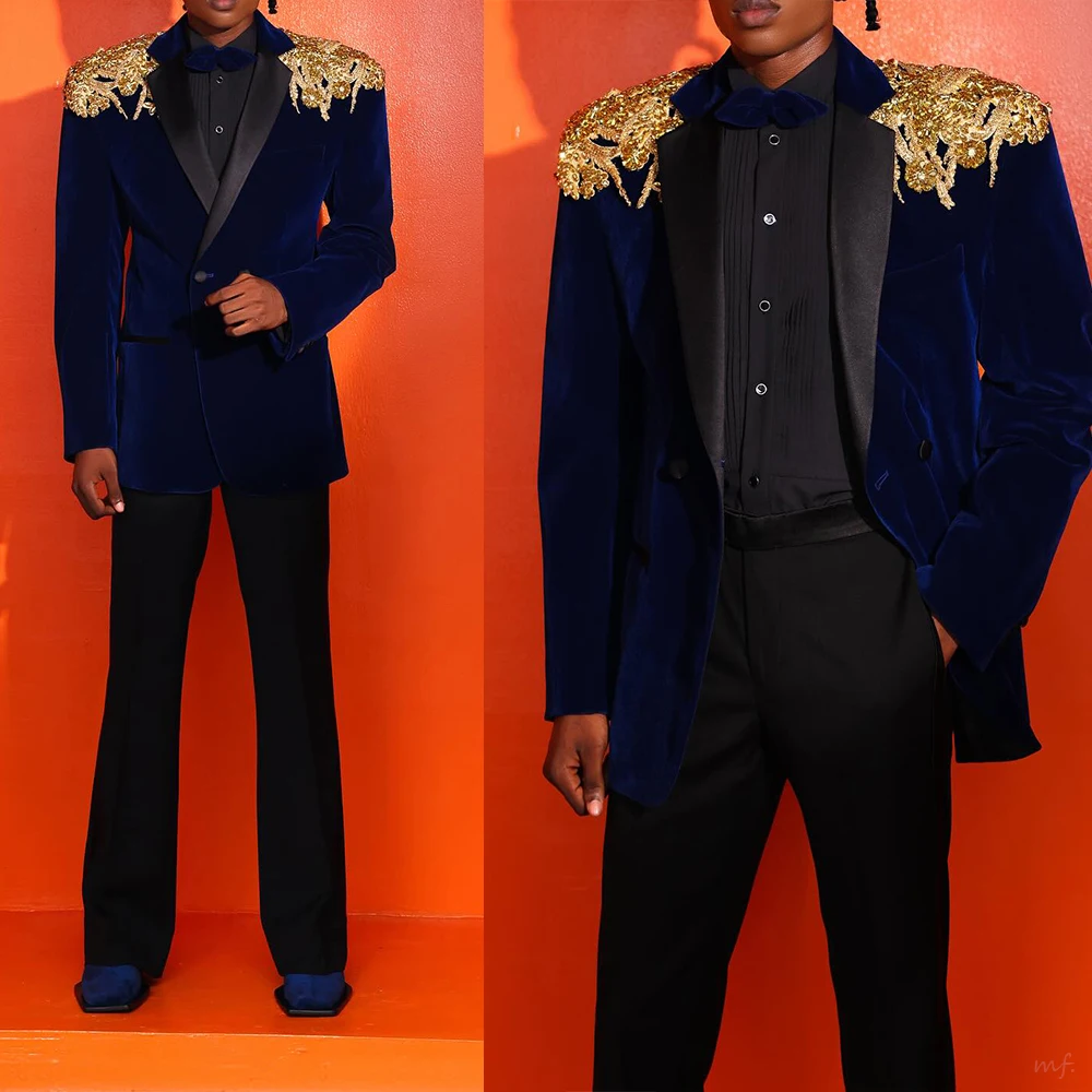 Luxe herenpakken op maat 2-delig blazer broek één knop brede revers applicaties bruiloft formele parels kralen op maat gemaakt plus maat