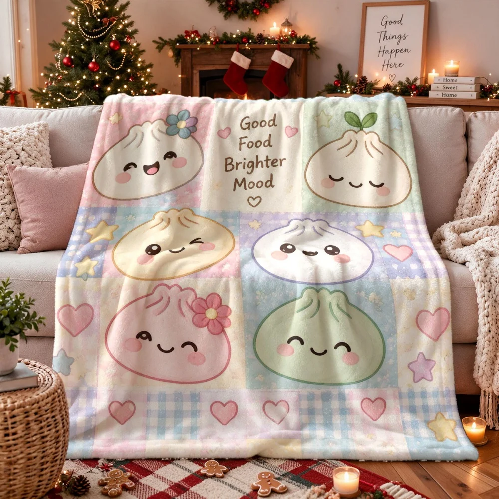 Patchwork Style Cartoon Dumpling Print Fleece Throw Blanket Soft Warm Lightweight Blanket for Sofa Couch Bed Sweet Whimsical