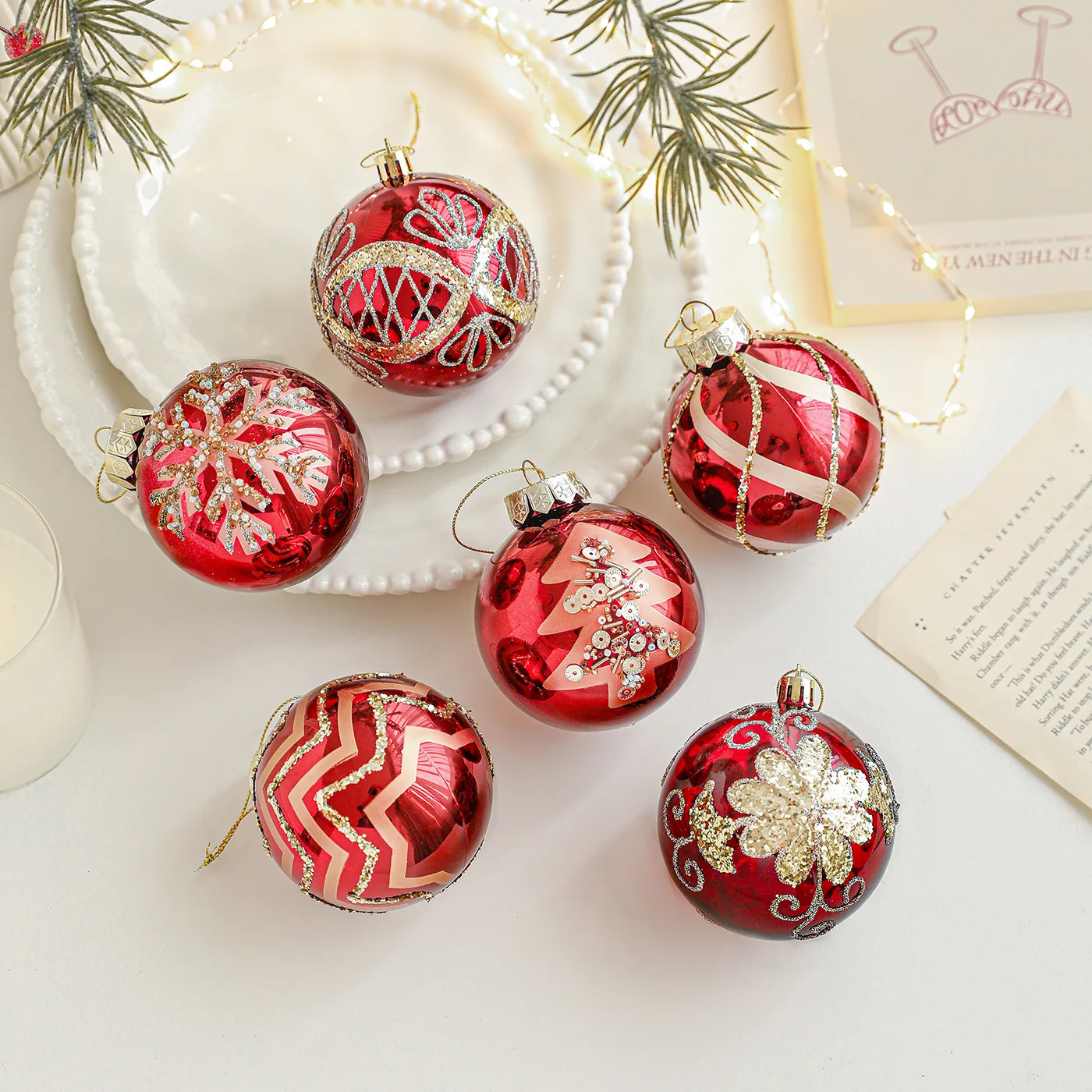 

1/6Pcs 8CM Red High-end Bright Light Ball Adhesive Gold Powder Electroplating Ball Christmas Tree Decoration Pendant Hanging