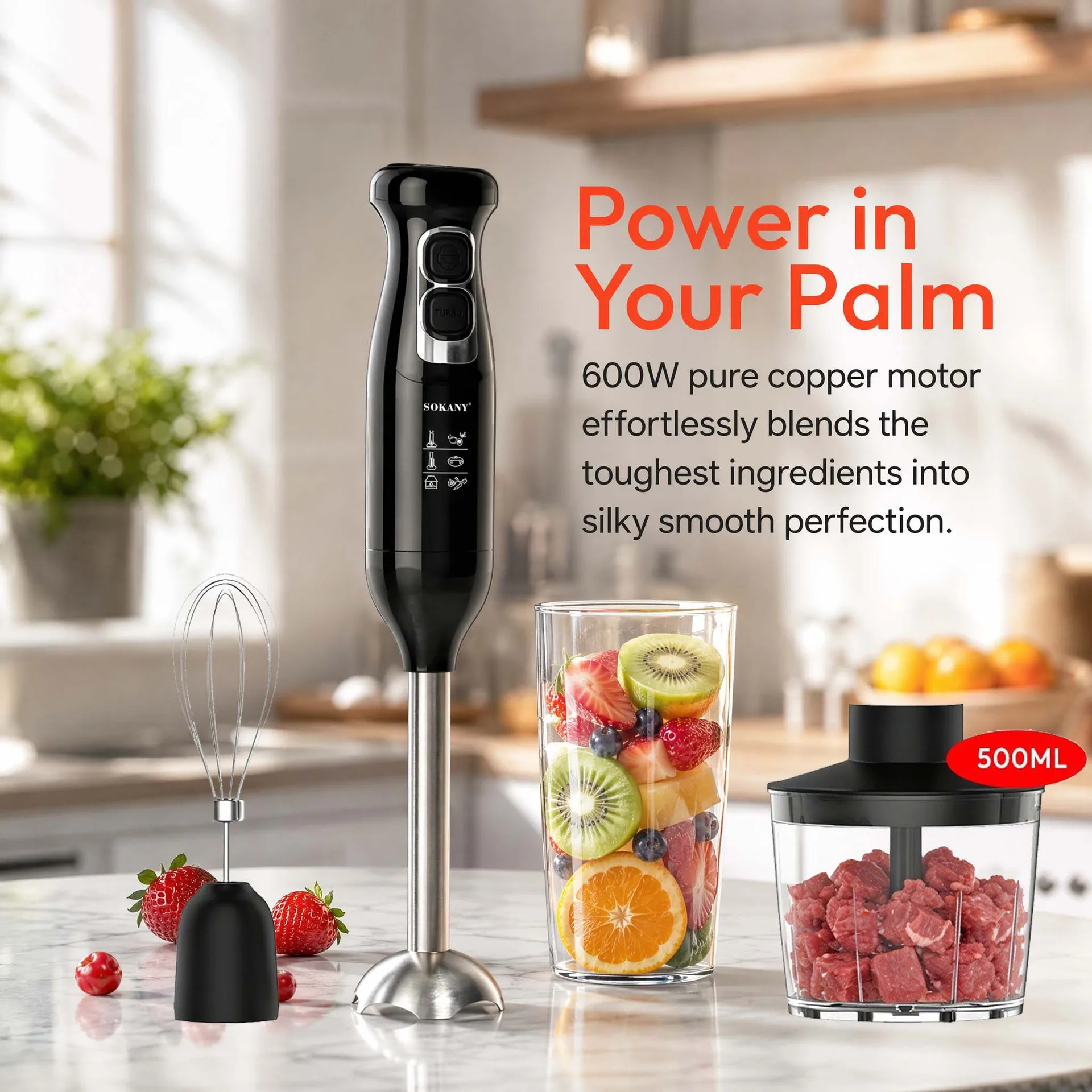 EU Standard 600W Electric Hand Blender Baby Food Processor 2-Speed Handheld Electric Mixer for Meat Grinding and Egg Beating