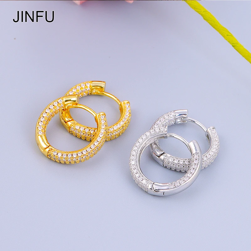 JINFU Gold-plated Hoop Earrings for Women Classic Piercing Cubic Zirconia Big Ear Buckle Huggies Earrings 2023 Jewelry Wholesale