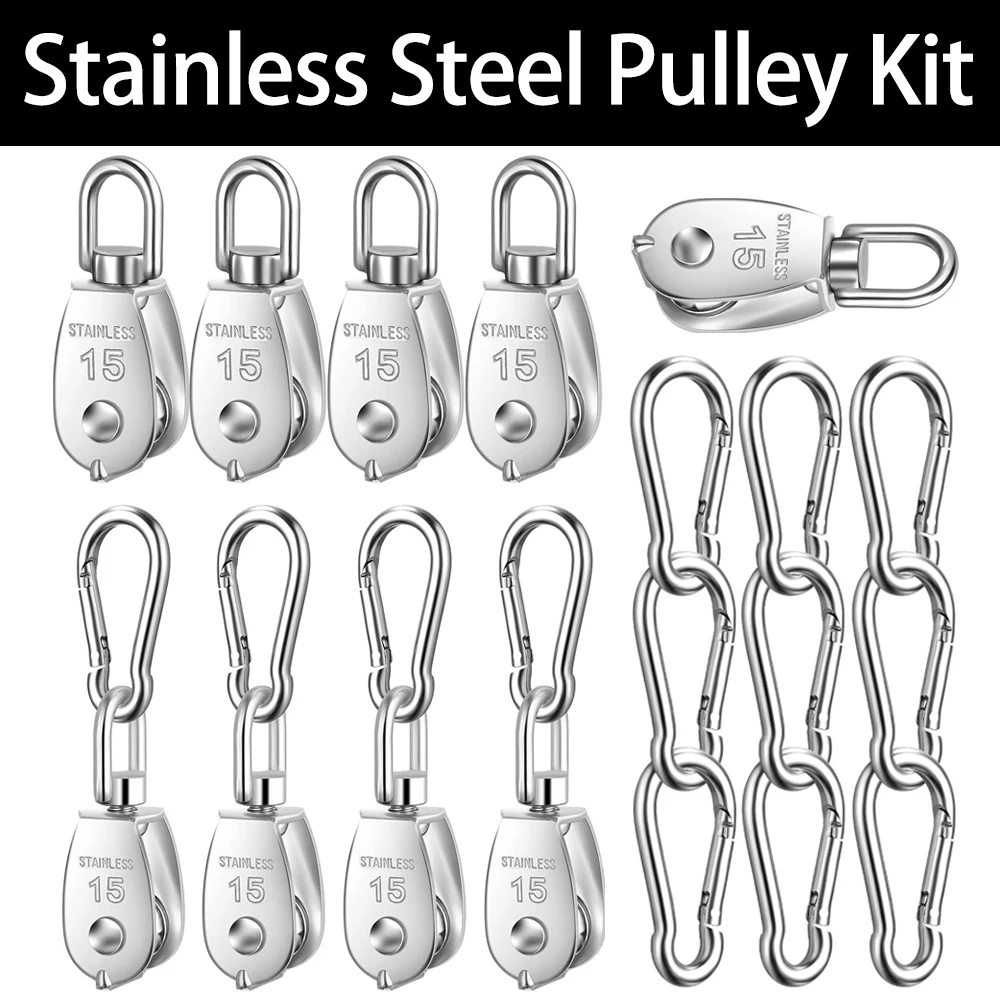 M15 304 Stainless Steel Pulley Lifting Rope Pulley Set Lifting Wheel Tool with M5 Spring Buckle for Hanging Wire Traction Wheel