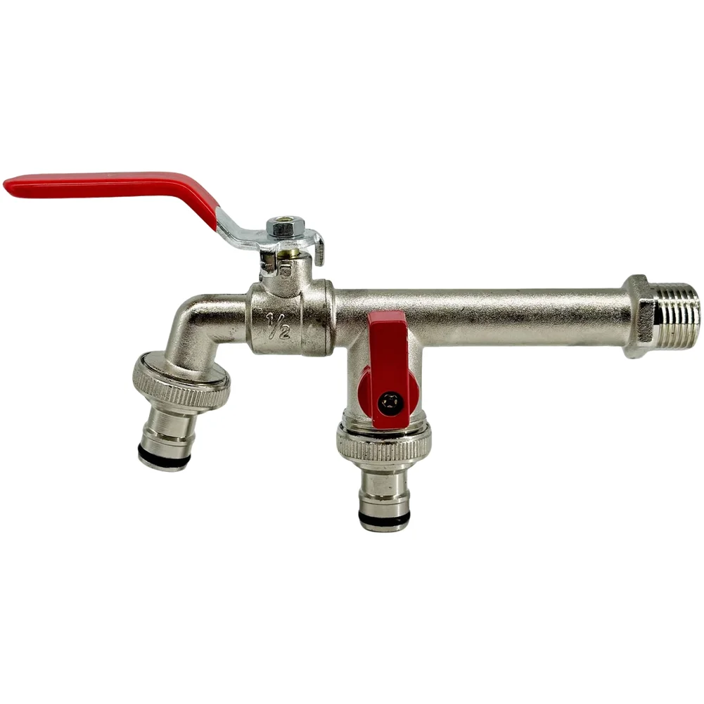 Extended Reach Dual Outlet Faucet Made of Zinc Alloy for Outdoor Use with 1/2 Inch Garden Hose Connection and Two Handle Control