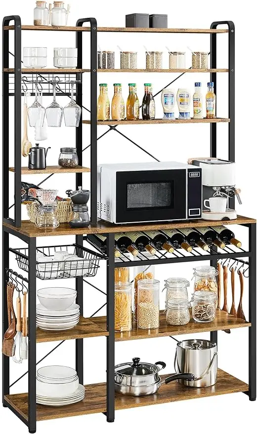 

43.5"W Kitchen Bakers Rack with Pull Out Wire Basket, 8 Tiers Microwave Stand Coffee Bar Station w/Wine Rack & Glass Holder