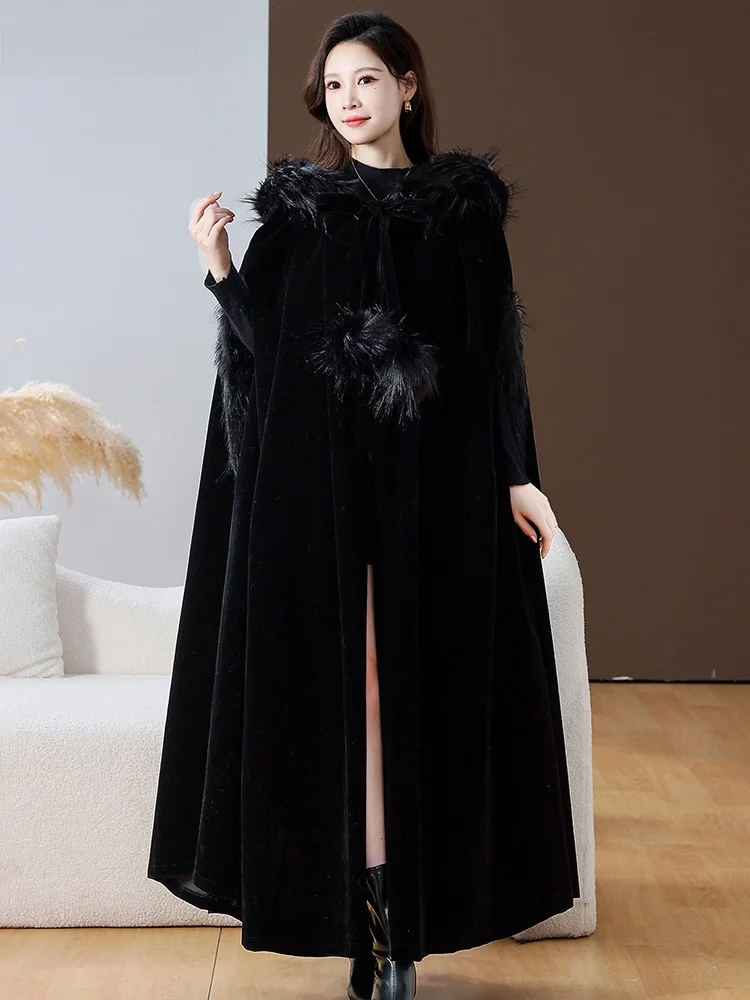 Nerazzurri Black Fur Coat Extended Length Hooded Women's Jacket Luxury Feel Leather Shawl Collar Long Sleeve No Zipper Design