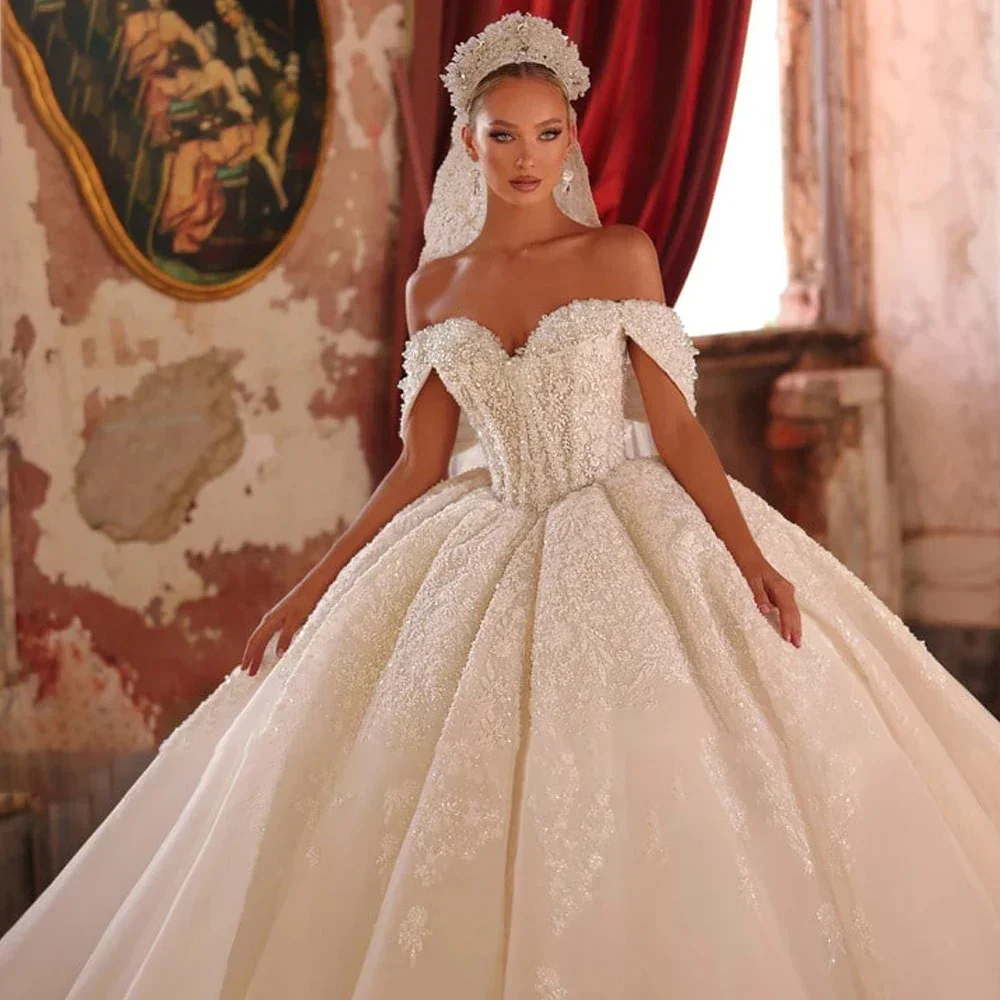 

Customized Luxury Off Shoulder Bridal Ball Dress Royal Sweetheart Collar Lace Wedding Dress A-line Shining Wedding Robe