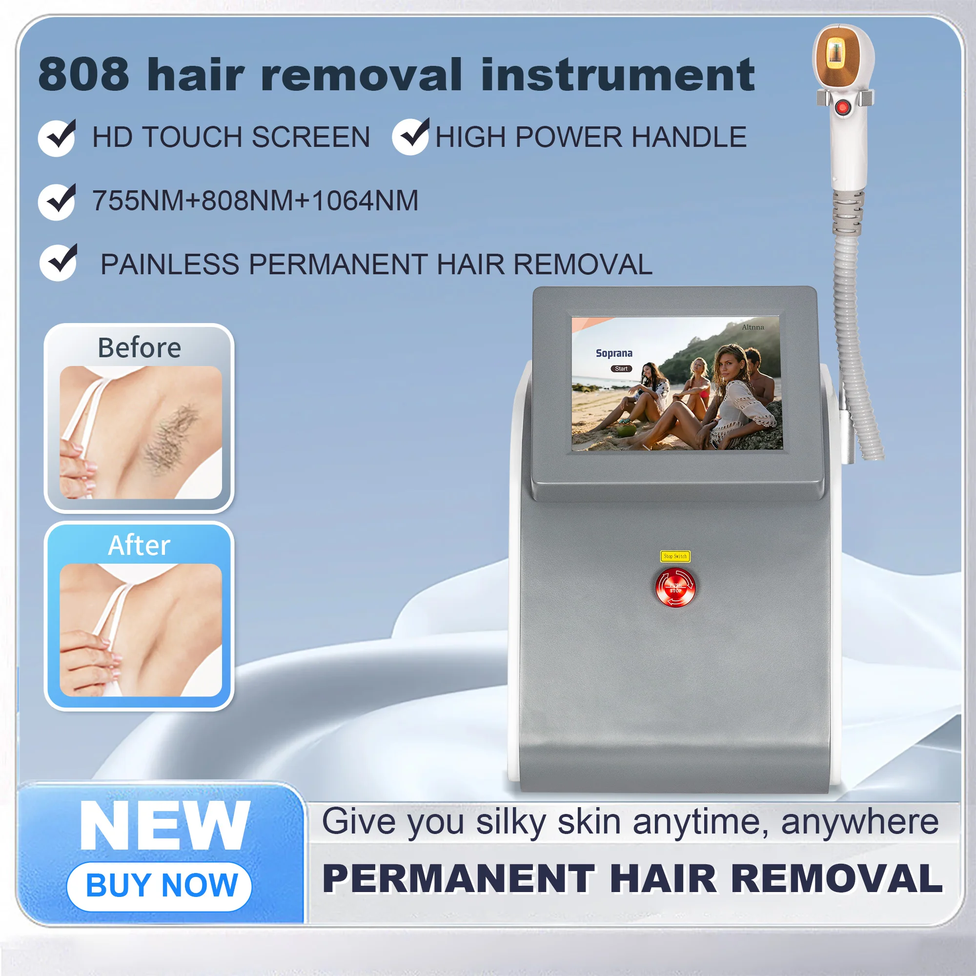 

808nm 755 1064 Diode Laser Hair Removal Machine Whitening Stationary Laser Beauty Equipment for Hair Removal Skin Tightening