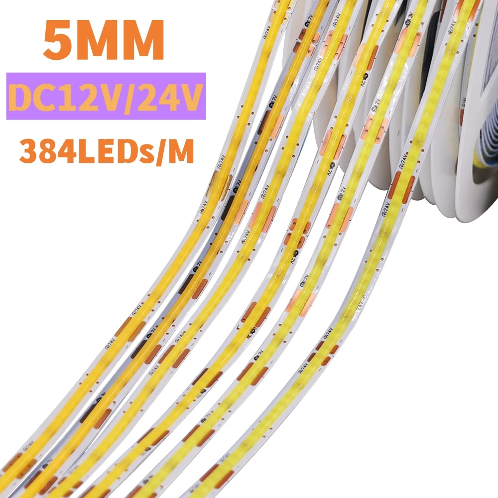 

5M RA90 FCOB Linear Lighting Strip 5MM Width PCB 12V 24V 384LEDs/M COB Light Bar Rope High Brightness Ribbon LED Tape Diode Lamp