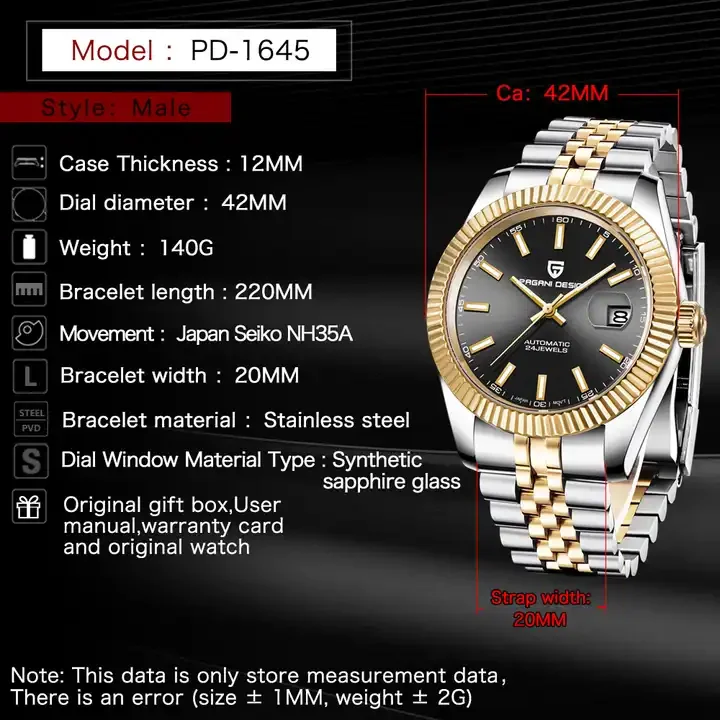 Men Mechanical Watch Brand Luxury Automatic PAGANI DESIGN 1645 Business Stainless Steel Waterproof Watches Men Wrist Relogio