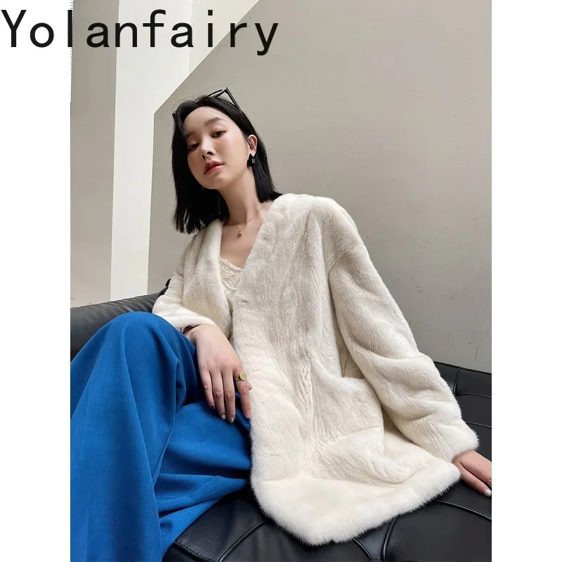 YOLANFAIRY 100% Natural Fur Coat Woman Elegant Real Whole Mink Fur Jacket Mid-length 71cm Women Clothing Winter casaco feminino