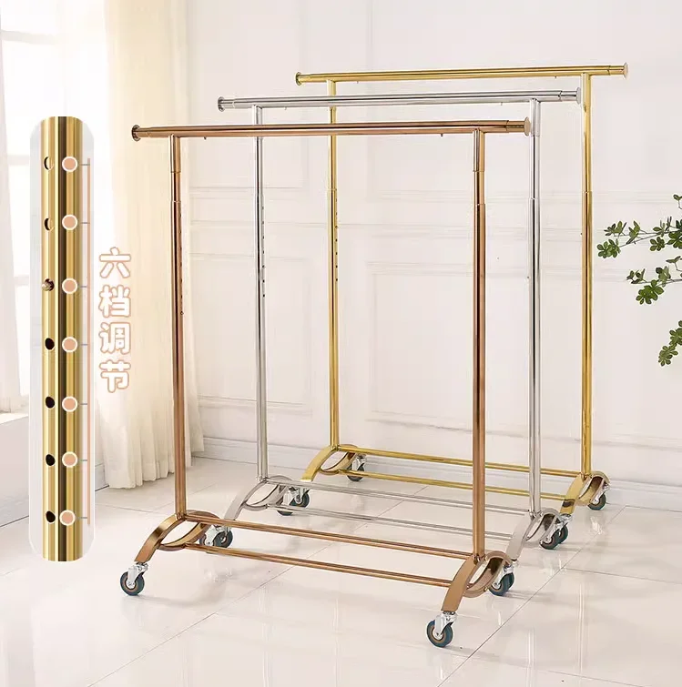 Clothing store display rack, stainless steel lifting rack, island rack with wheels, mobile women's clothing store hanger