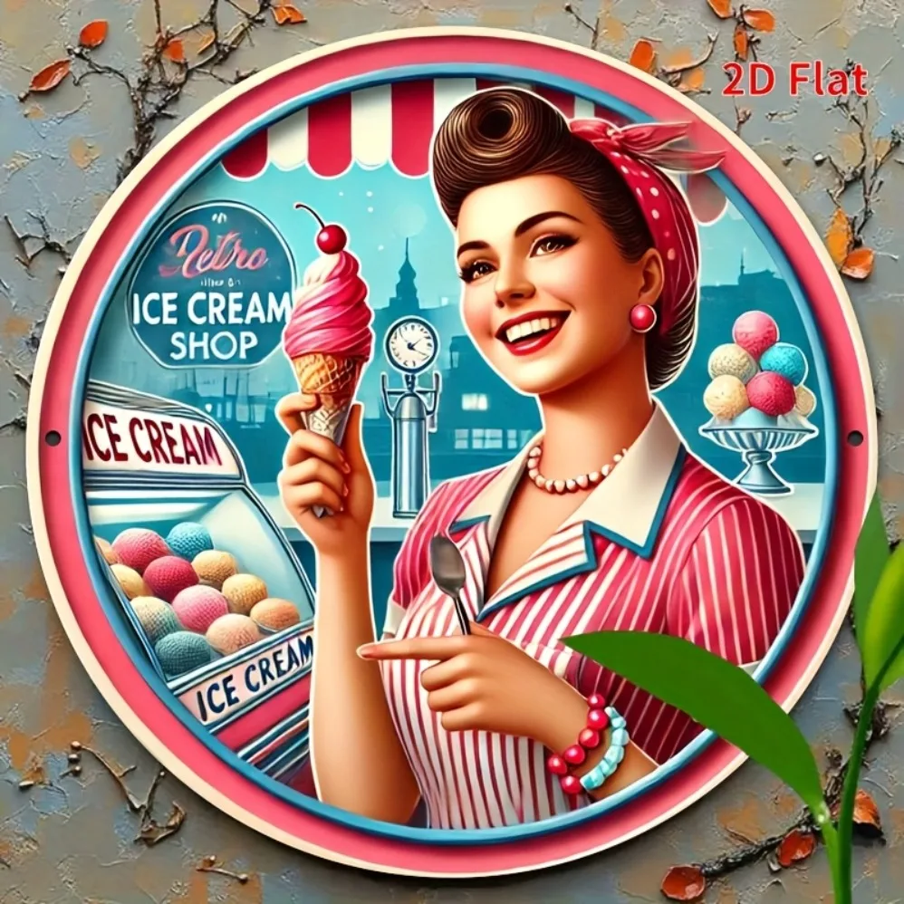 Decoración de pared de tienda de helados plana 2D - Letrero redondo de aluminio y metal | Diseño único, fácil de colgar, duradero y duradero |