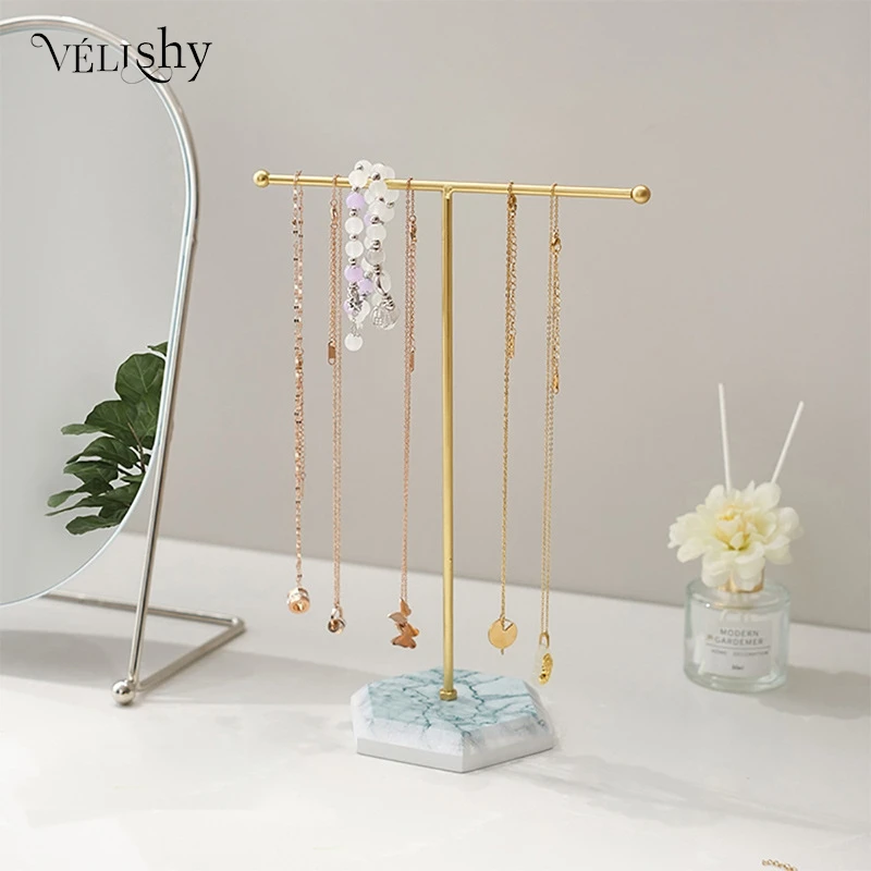 Earring Necklace Ring Bracelet Jewelry Holder Marble Pattern T-shaped Jewelry Display Organizer Holders Metal Storage Racks