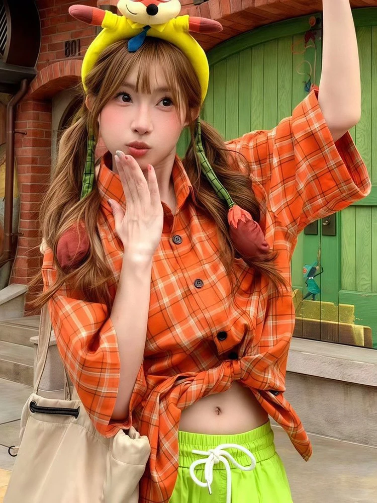 

Sweet Plaid Women Shirt Summer Short Sleeve Loose Casual Button Blouse Americen Retro Pocket All Match Simple Female Tops New