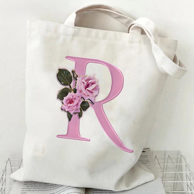 Fashion Handbag Women A-Z 26 Letter Pink Roses Design Shopping Bags Teenager Girls Student Canvas Tote Bag Female Shoulder Bags
