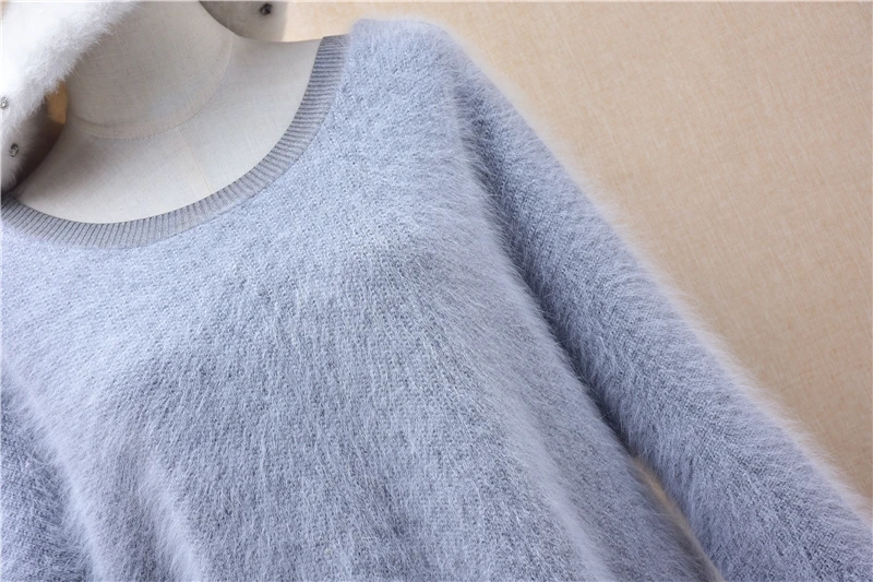 Ladies Women Autumn Winter Crop Top Grey Hairy Angora Rabbit Hair Knitted Fur Sleeves O-Neck Loose Pullover Sweater Jumper Pull view 3