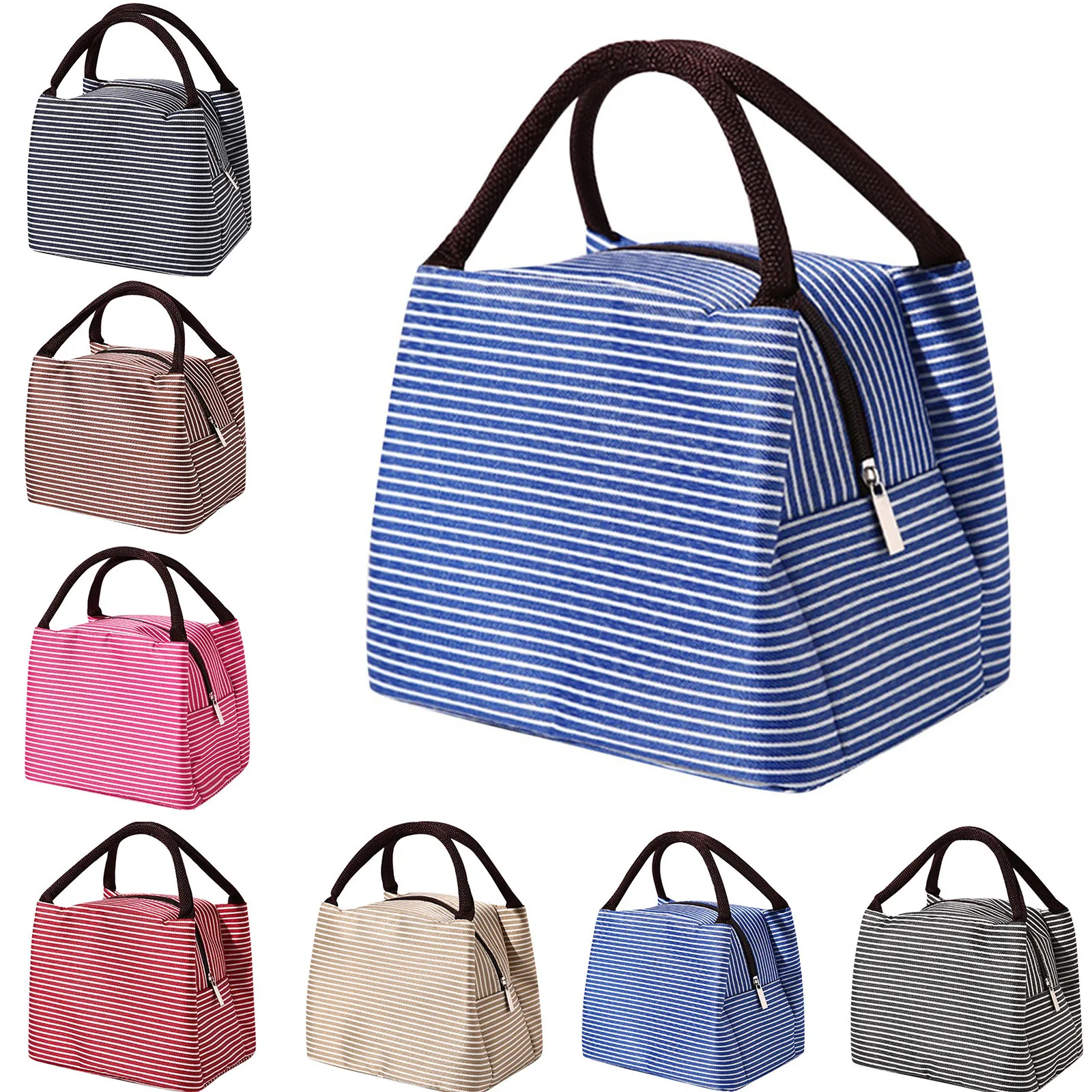 Lunch Bag Daily Use Striped Design Large Capacity Picnic Tote Portable Insulated Lunch Box Handbag Office School