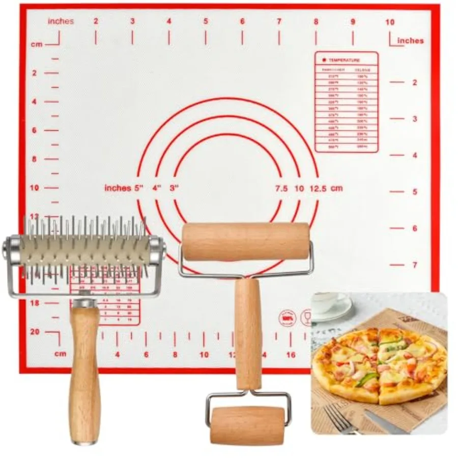 

3Piece Pizza Tool Set for Home Baking Enthusiasts: Includes Pizza Docker Dough Roller and NonSlip Silicone Baking Mat for Perfe