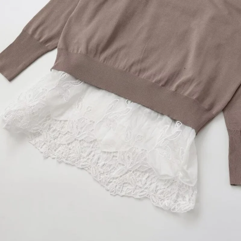 Women's Loose Fit V-Neck Lace Trim Long Sleeve Knit Sweater Simple Style Patchwork Pullover Top