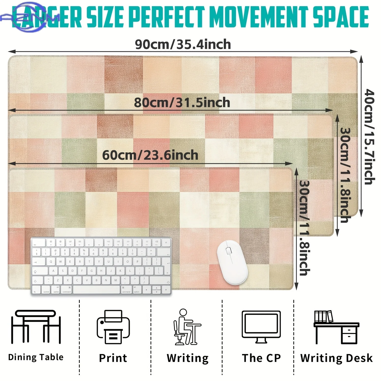 Large Checkered Desk Mat - Non-Slip Rubber Gaming Mouse Pad & Office Keyboard Pad, Stylish Plaid Design in Pink, Green, Beige &