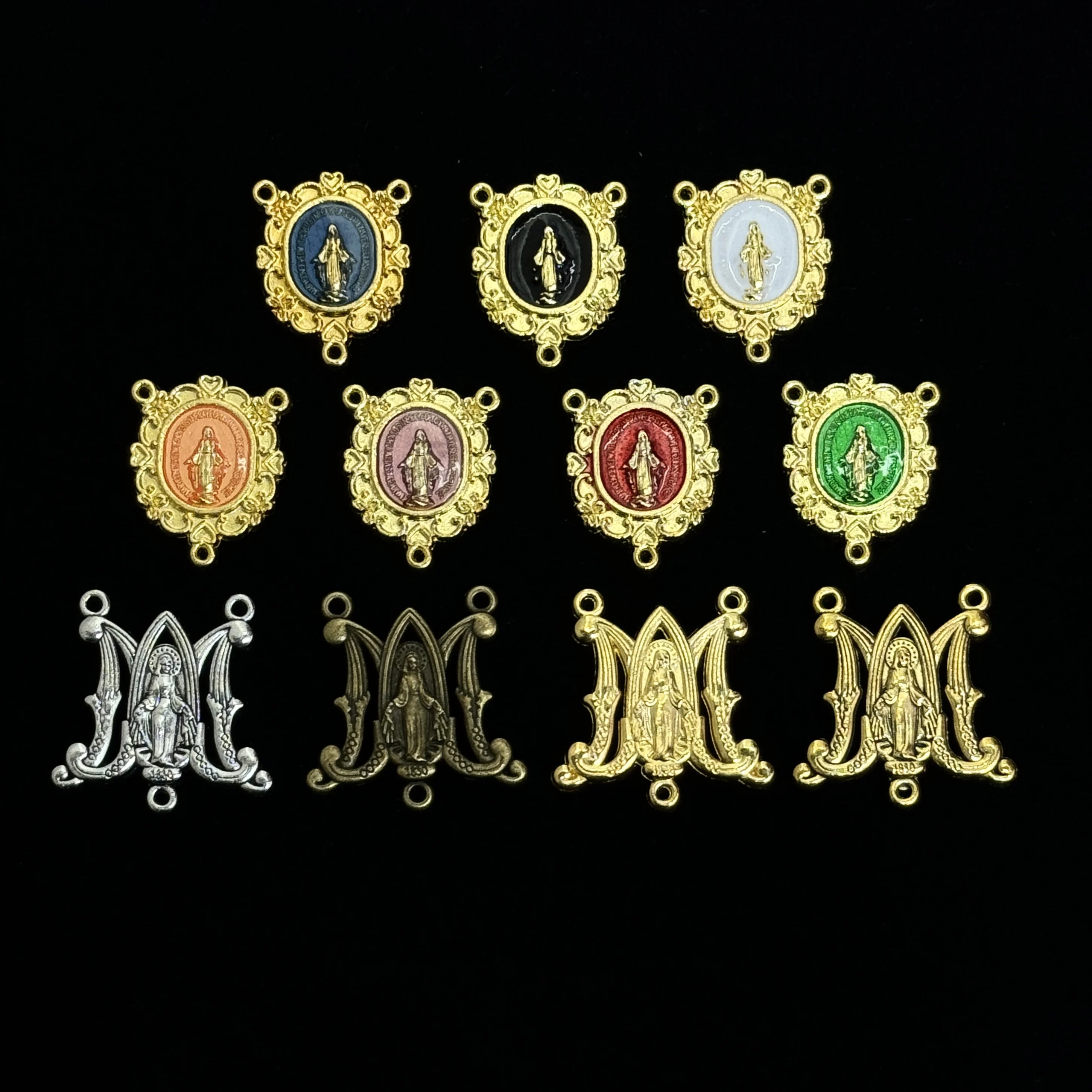 10 pièces de connecteurs centraux émaillés à 3 trous, motif Vierge Marie, pour médaille Miraculeuse et breloque M, pour la fabrication de chapelets et de composants de bijoux DIY