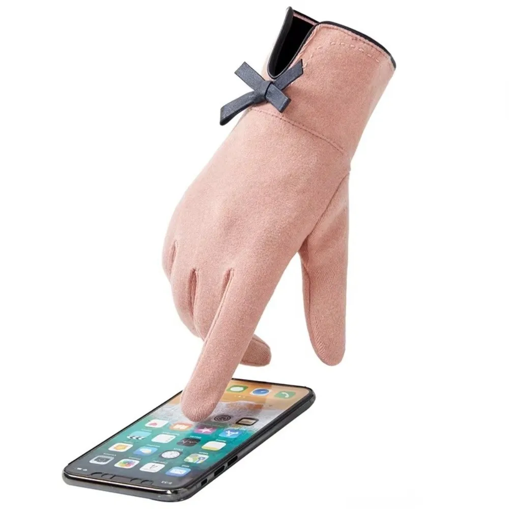 Touch Screen Compatible Winter Driving Gloves Thickened Windproof Material Touch Screen Gloves Bow Design Elastic Cuff