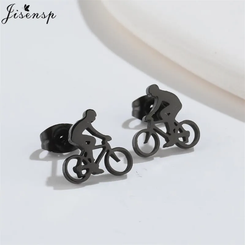 Jisensp Tiny Bike Bicycle Earrings for Women Fashion Silver Color Fitness Sport Stud Earrings Piercing Ear Jewelry Gift Friends