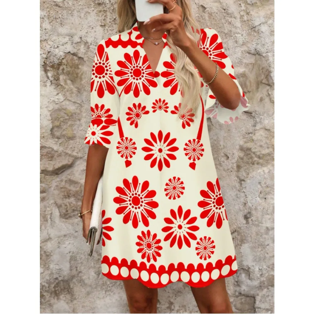 Letnie czerwone sukienki damskie z nadrukiem na lato 2025, krótkie, codzienne stroje damskie, letnie ubrania damskie w kwiaty, ubrania w stylu boho, spódnica do kolan.