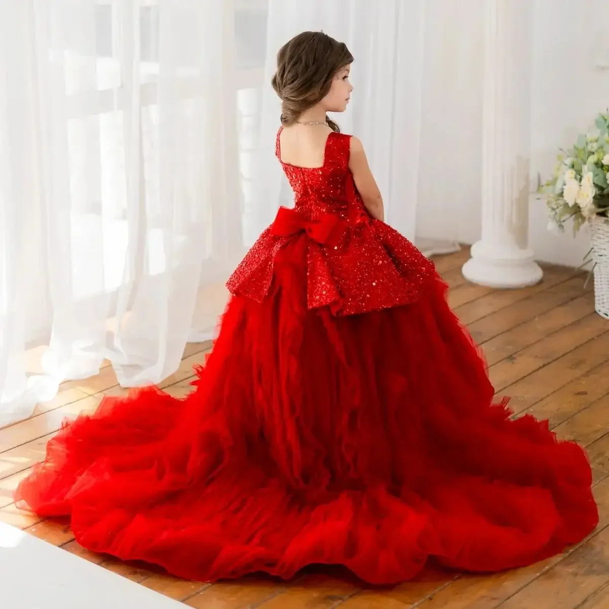 JDY Red Sequin Tulle Train Flower Girl Dress First Christmas Gown Wedding Party Outfit فساتين اطفال سهرة بنات